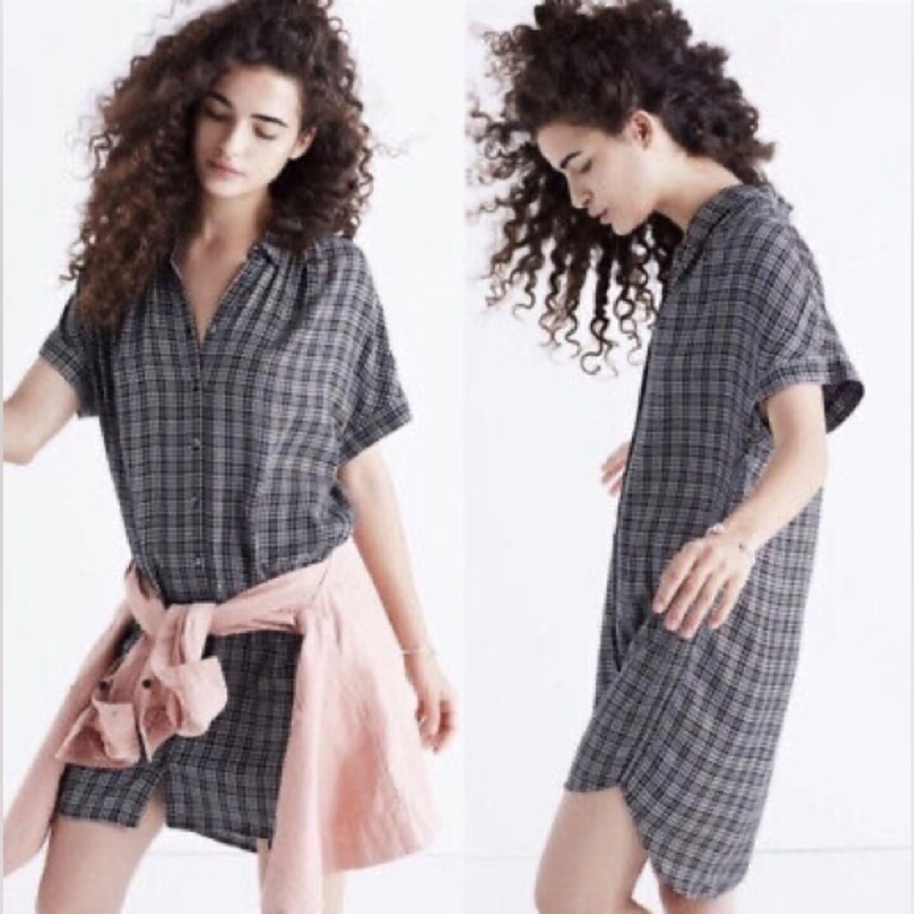 MADEWELL Button-up Shirt Dress Black White Thompson Plaid Tulip Hem Size Small